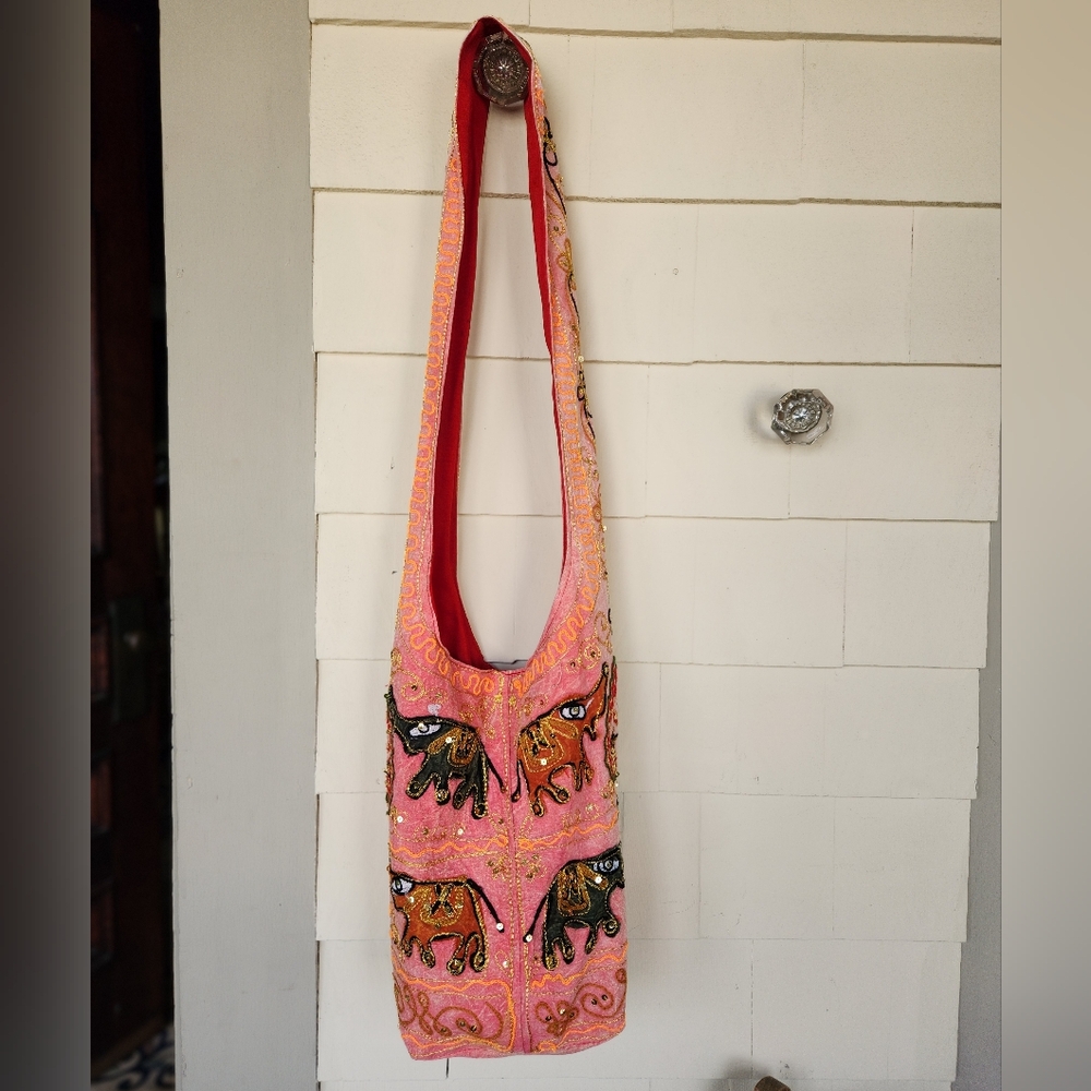 Rebellious One Pink Elephant Embroidered Shoulder Bag